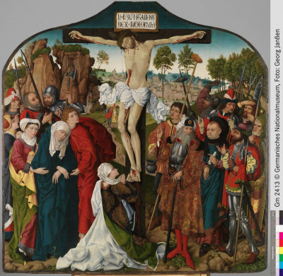 Werkstatt oder Umkreis Wolfgang Katzheimers d.Ä., Vorderseite- Kalvarienberg; Rückseite- Zwei Engel mit dem Schweißtuch der Veronika, um 1480 90.jpg